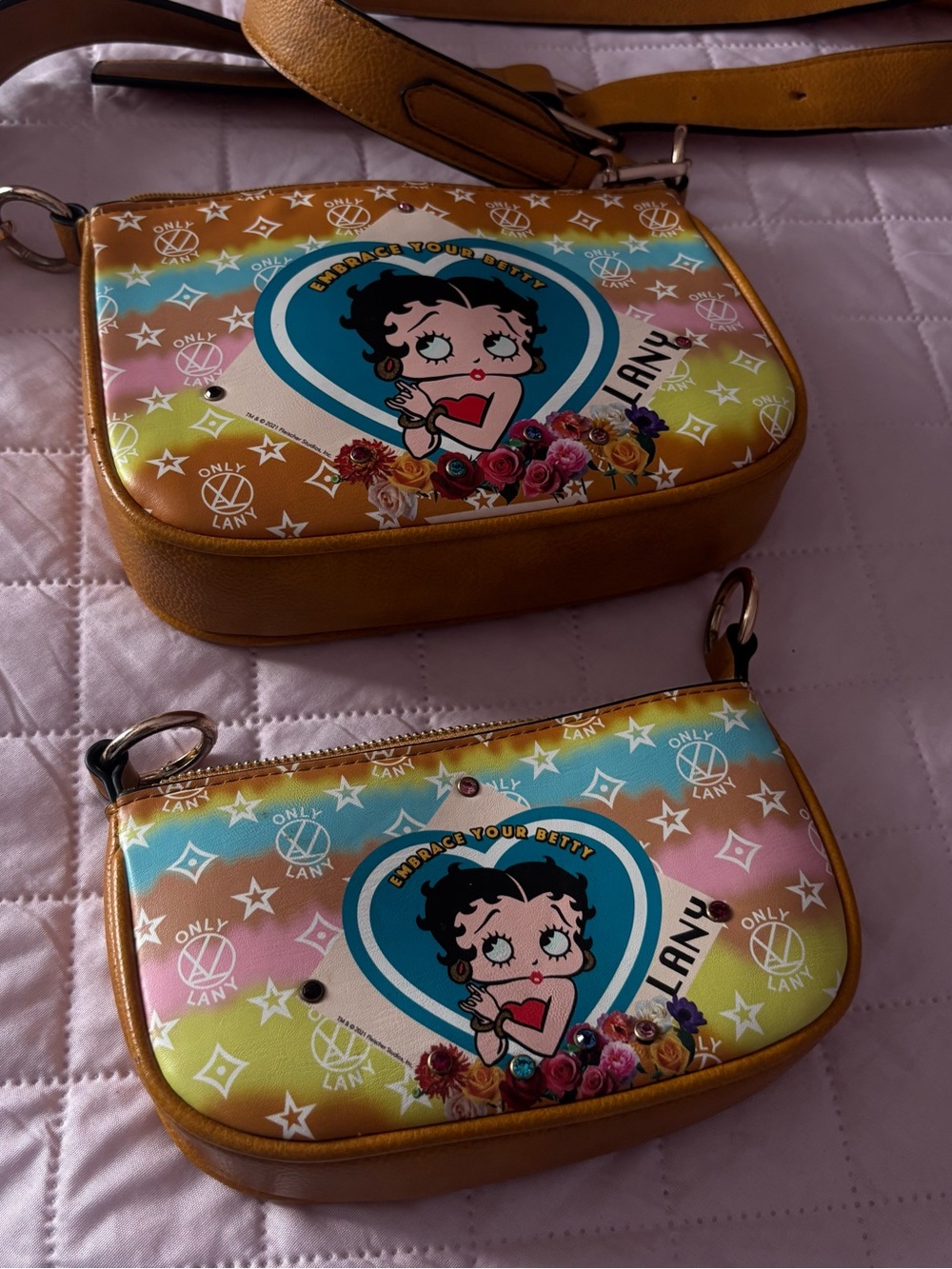 Betty Boop Printed Crossbody Bag in Mustard Yellow